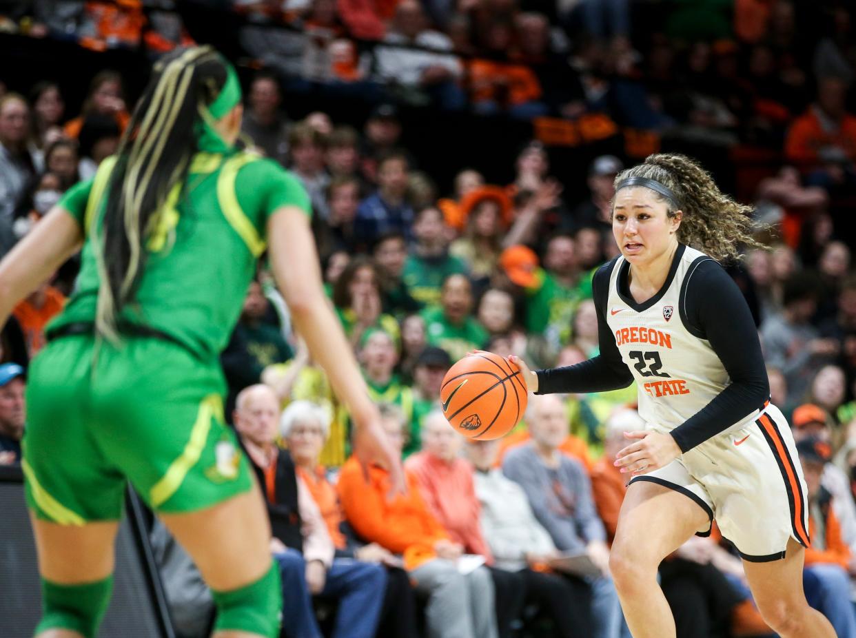 Oregon State guard Talia von Oelhoffen (22) said she picked OSU because it mirrored the values she learned growing up in a Polynesian community: Family and loyalty.