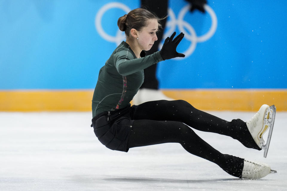 Kamila Valieva, of the Russian Olympic Committee, trains at the 2022 Winter Olympics, Monday, Feb. 14, 2022, in Beijing. (AP Photo/Bernat Armangue)