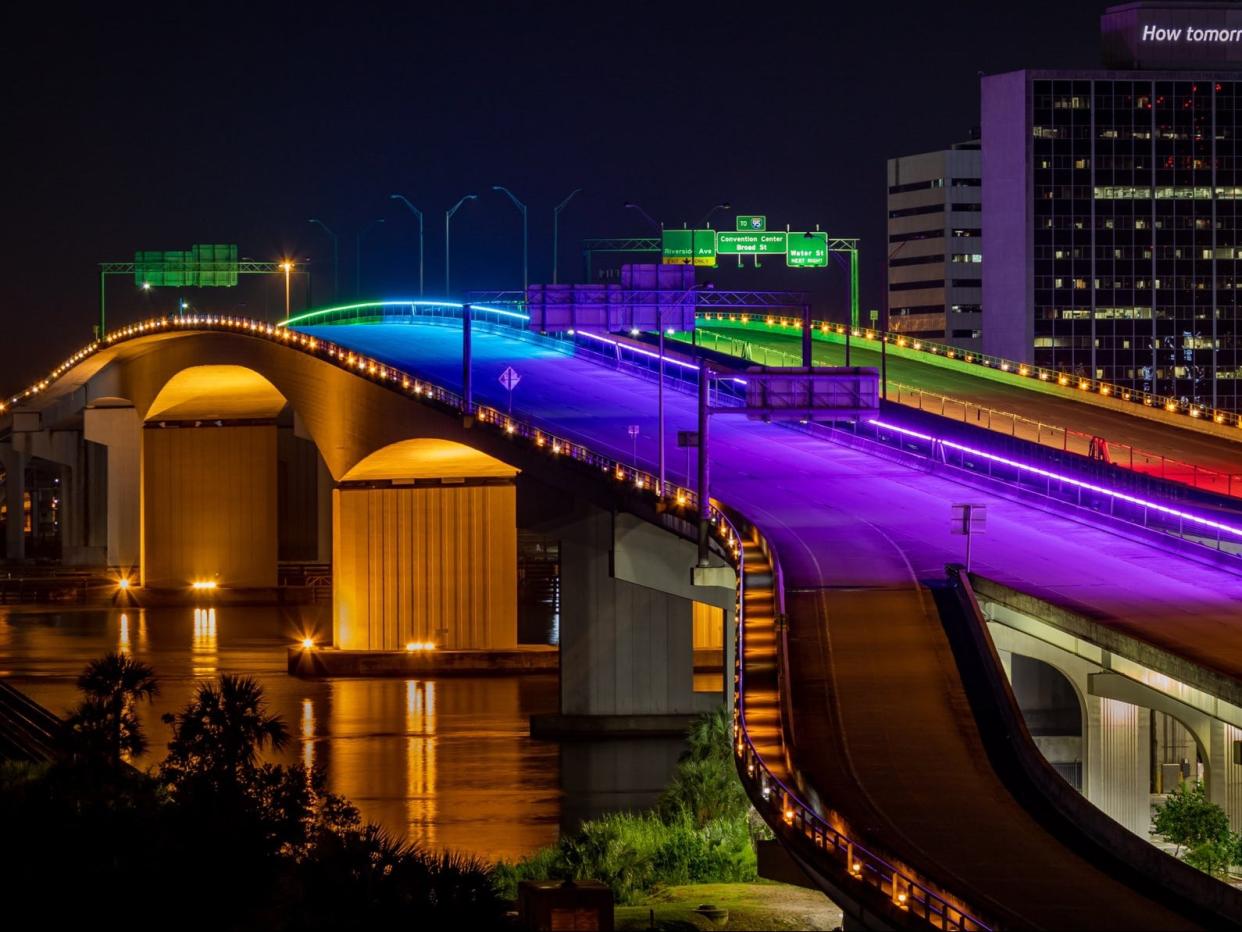 <p>The Acosta Bridge, Jacksonville, in Pride Month colours on Monday</p> (Fred Ortyl/Jacksonville Transportation Authority/Twitter)