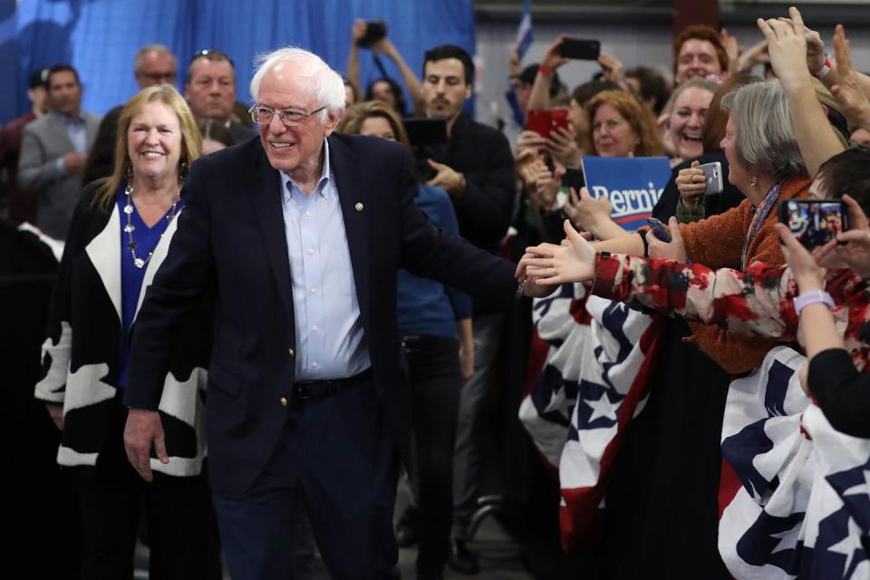 Senator Bernie Sanders has shared personal details about his relationship with his wife, Jane O'Meara Sanders, pictured together in 2020. <a href="https://www.gettyimages.com/detail/news-photo/democratic-presidential-candidate-sen-bernie-sanders-shakes-news-photo/1211594134?adppopup=true" rel="nofollow noopener" target="_blank" data-ylk="slk:Chip Somodevilla/Getty Images;elm:context_link;itc:0;sec:content-canvas" class="link ">Chip Somodevilla/Getty Images</a>