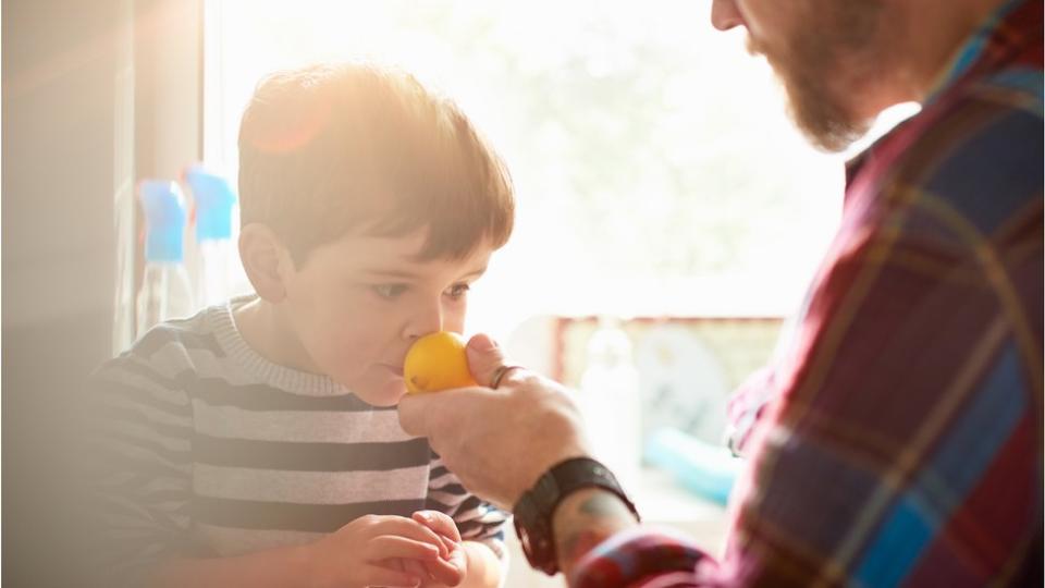 Niño oliendo un limón de manos de su padre