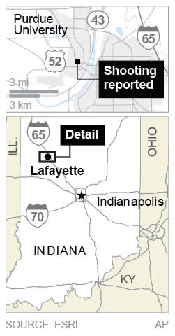 Map locates campus building at Purdue University where a shooting was reported.; 1c x 3 inches; 46.5 mm x 76 mm;