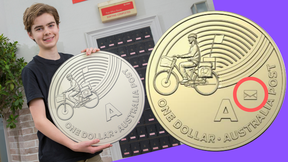Pictured: Limited edition $1 Australia Post Great Aussie Coin Hunt coin, child with massive novelty coin. Images: Australia Post, Royal Australian Mint