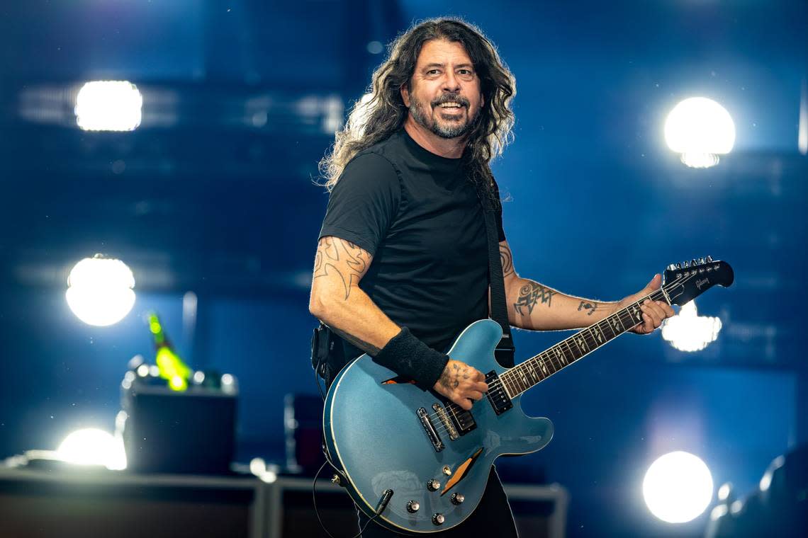 Dave Grohl smiles at the crowd at the Foo Fighters show at Dos Equis Pavilion in Dallas Wednesday, May 1, 2024. JamieB.FORD