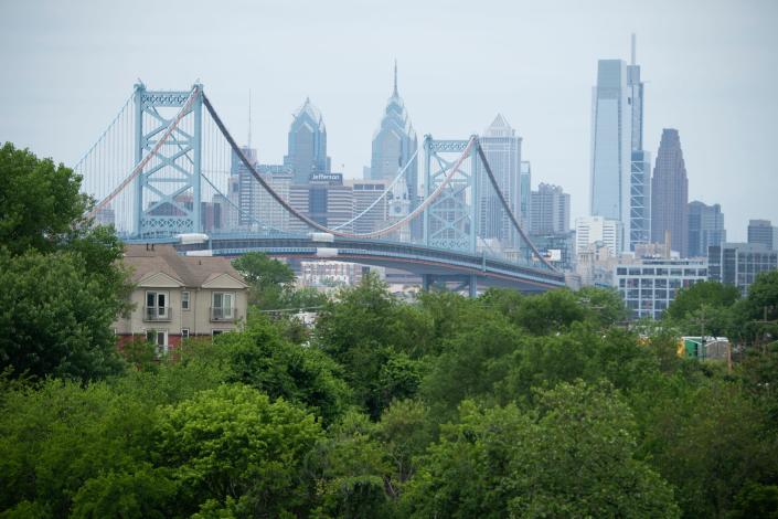 A view of the Philadelphia skyline from the new Cramer Hill Waterfront Park on Tuesday, May, 25, 2021 in Camden, N.J.