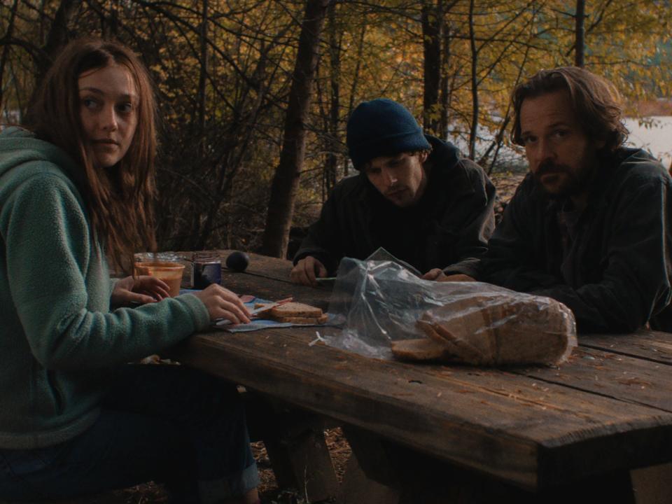 Sarsgaard (right) opposite Dakota Fanning and Jesse Eisenberg in Kelly Reichardt's 'Night Moves'Soda Pictures