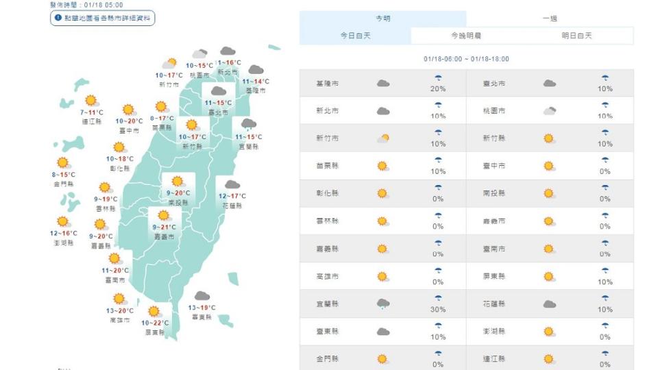 白天起各地氣溫將緩步回升。（圖／翻攝自中央氣象局網站）