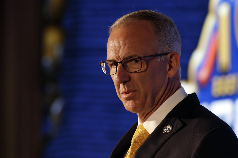 SEC Commissioner Greg Sankey speaks to reporters during the NCAA college football Southeastern Conference Media Days Monday, July 19, 2021, in Hoover, Ala. (AP Photo/Butch Dill)