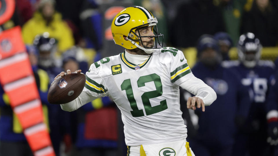 Green Bay Packers quarterback Aaron Rodgers throws a pass during the first half of an NFL football game against the Tennessee Titans, Thursday, Nov. 17, 2022, in Green Bay, Wis. (AP Photo/Mike Roemer)