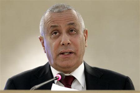 Libyan Prime Minister Ali Zeidan addresses the 22nd session of the Human Rights Council at the United Nations in Geneva, in this file picture taken February 25, 2013. REUTERS/Denis Balibouse/Files
