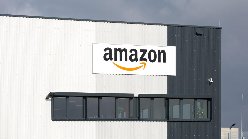 Facade and logo of new logistics center of amazon in Raunheim-Moenchhof, Germany.