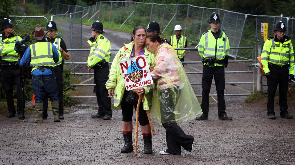 Protesters at the Balcombe fracking site in West Sussex as energy company Cuadrilla has started testing equipment ahead of exploratory oil drilling in the English countryside as anti-fracking protests at the site entered a ninth day.