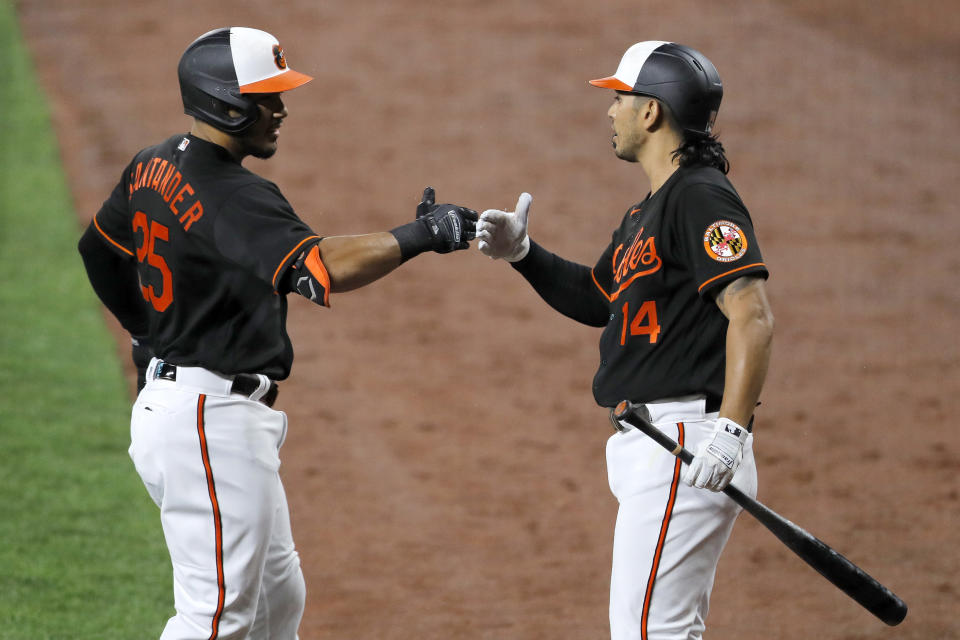 Baltimore Orioles' Anthony Santander, left, is greeted near the dugout by Rio Ruiz after hitting a solo home run off Washington Nationals starting pitcher Stephen Strasburg during the first inning of a baseball game, Friday, Aug. 14, 2020, in Baltimore. (AP Photo/Julio Cortez)