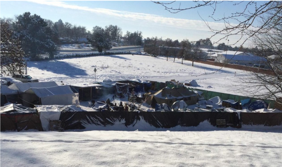 An encampment near a city park in Walla Walla in the winter of 2016-17. The location, approved at the time by the city, was an early attempt by a nonprofit organization to create a place for homeless residents. The Walla Walla Alliance for the Homeless eventually created a tiny home village with more permanent structures on the outside of town. (Credit: Walla Walla Alliance for the Homeless)