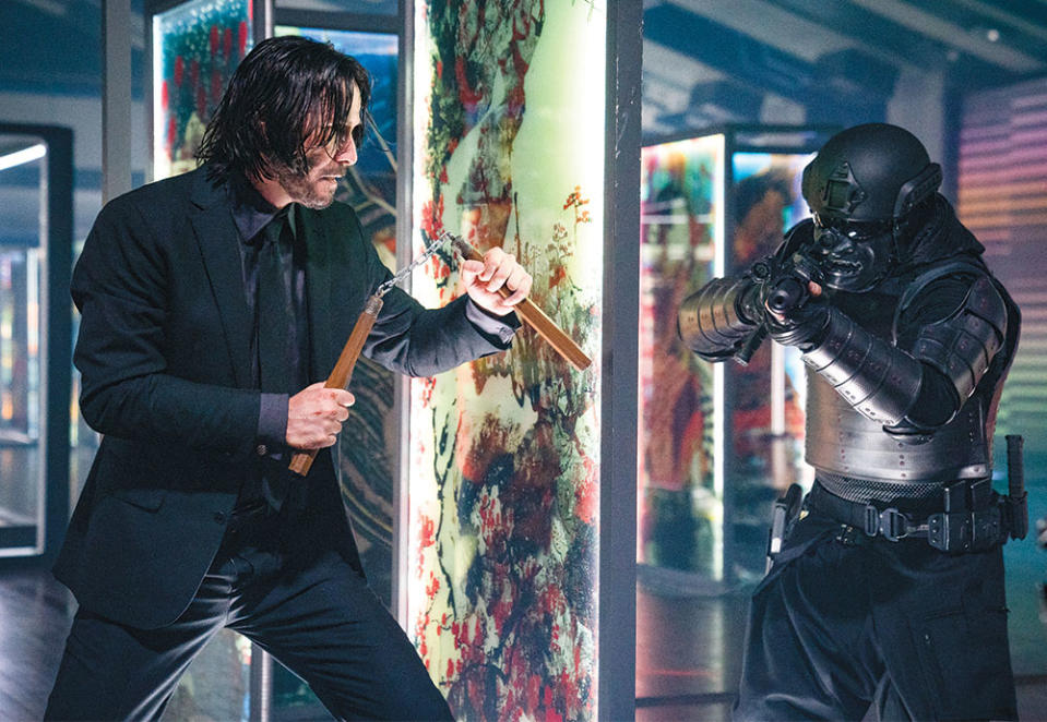 Keanu Reeves left, in John Wick Chapter 4 came to the franchise with ample martial arts training, though he’d never worked with nunchucks until Stahelski gave him a pair I said, These are for you. Don’t knock yourself out.