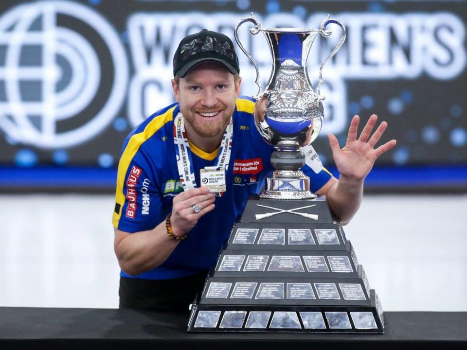 Sweden skip Niklas Edin celebrates after defeating Scotland in the final of the men's world curling championship earlier this year. The 2023 tournament will be held in Ottawa, after the 2021 competition was relocated to Calgary due to the COVID-19 pandemic. (Jeff McIntosh/The Canadian Press - image credit)