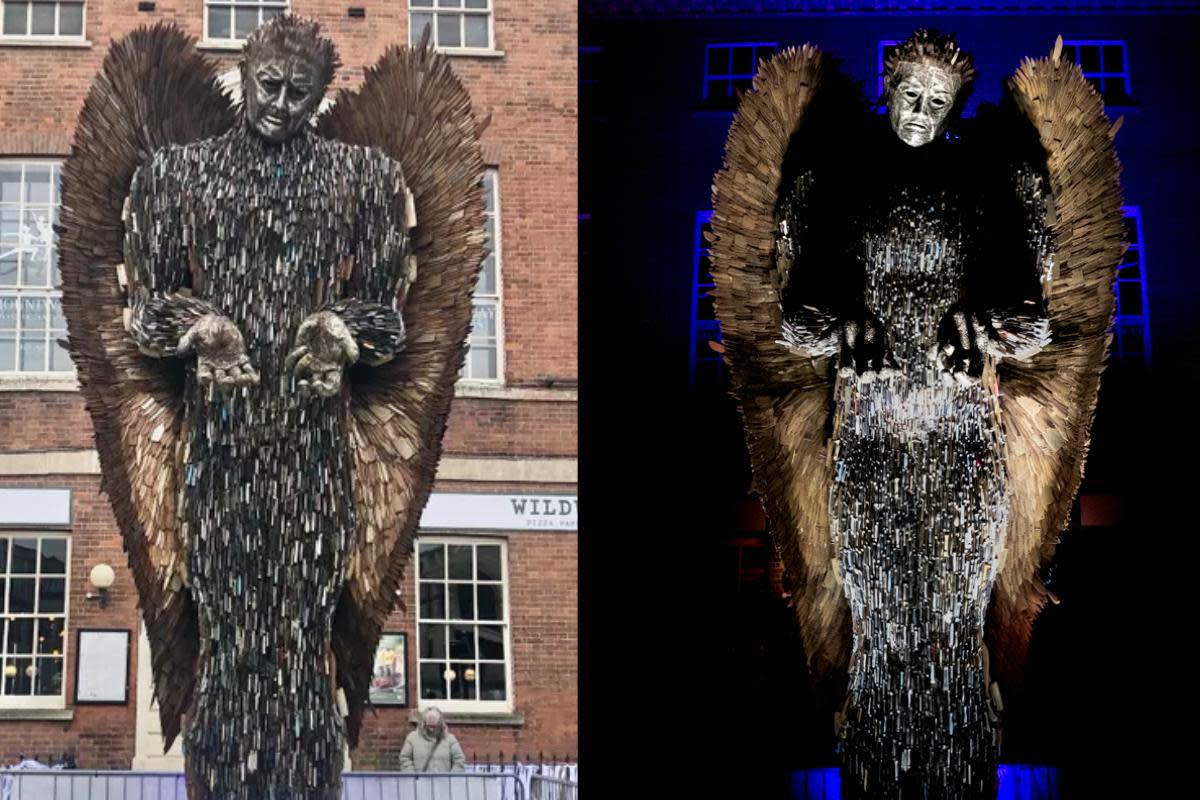 The Knife Angel sculpture in Taunton takes on a new meaning at night. <i>(Image: Newsquest/Quinton Vidal-Taylor)</i>