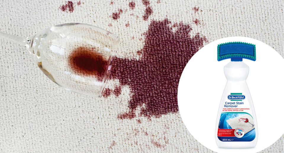 Spilled red wine on carpet; Carpet cleaning product inset