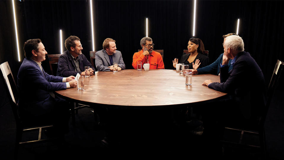 From left: THR executive awards editor Scott Feinberg moderated a talk that veered from process to heroes among the six screenwriters who are Oscar contenders: Kushner, Johnson, Peele, Chukwu, Kwan and McDonagh, who asked: “Are we wasting time? Should we be devoting more of our energies” to writing?