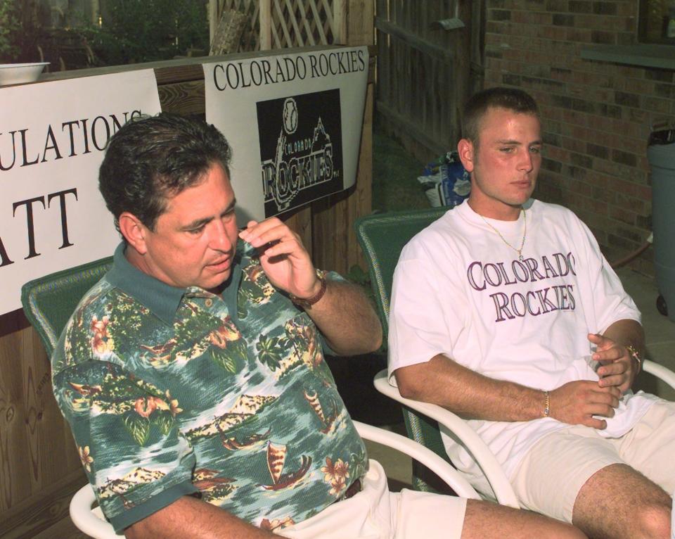 Tom Holliday and son Matt Holliday speak at press conference in 1998 where Matt announced that he was going to play baseball for the Colorado Rockies organization.