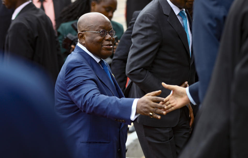 The President of the Republic of Ghana, Nana Addo Dankwa Akufo-Addo, arrives at Kenyatta International Conference Centre in Nairobi, Kenya Tuesday, Sept. 5, 2023, for the Africa Climate Summit. (AP Photo/Brian Inganga)