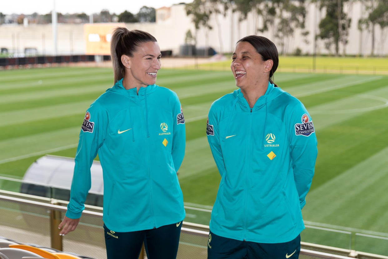 MELBOURNE, AUSTRALIA - JULY 03: Steph Catley and Sam Kerr during the Official Opening of the Australian Matildas training facility and FIFA Women's World Cup squad announcement at La Trobe University Sports Fields on July 03, 2023 in Melbourne, Australia. (Photo by Mackenzie Sweetnam/Getty Images)