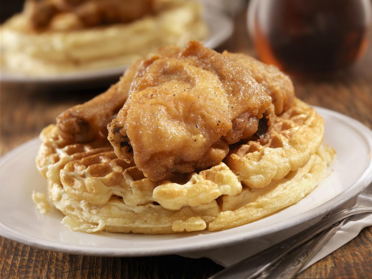 Fried Chicken and Waffles with Syrup is Classic Southern Comfort food -Photographed on Hasselblad H3D2-39mb Camera