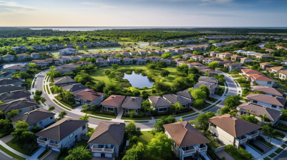 An aerial view of a master-planned community with its wide streets and amenities.