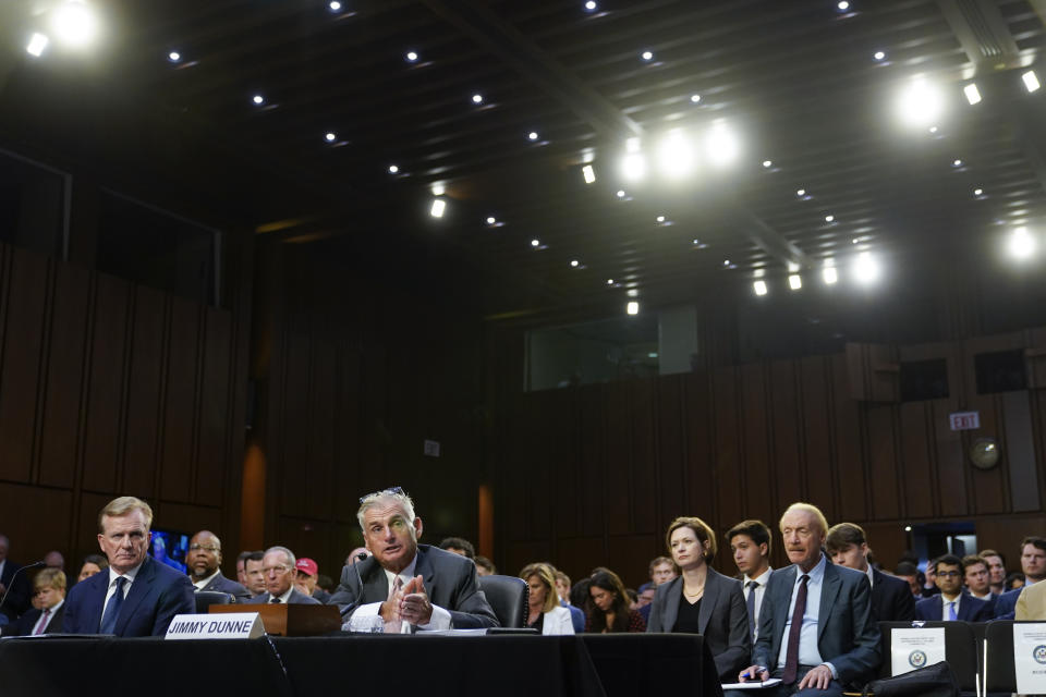 PGA Tour board member Jimmy Dunne, right, testifies alongside PGA Tour chief operating officer Ron Price during a Senate Subcommittee on Investigations hearing on the proposed PGA Tour-LIV Golf partnership, Tuesday, July 11, 2023, on Capitol Hill in Washington. (AP Photo/Patrick Semansky)