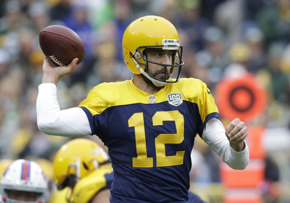 Green Bay Packers' Aaron Rodgers- drops back during the first half of an NFL football game against the Buffalo Bills Sunday, Sept. 30, 2018, in Green Bay, Wis. (AP Photo/Jeffrey Phelps)