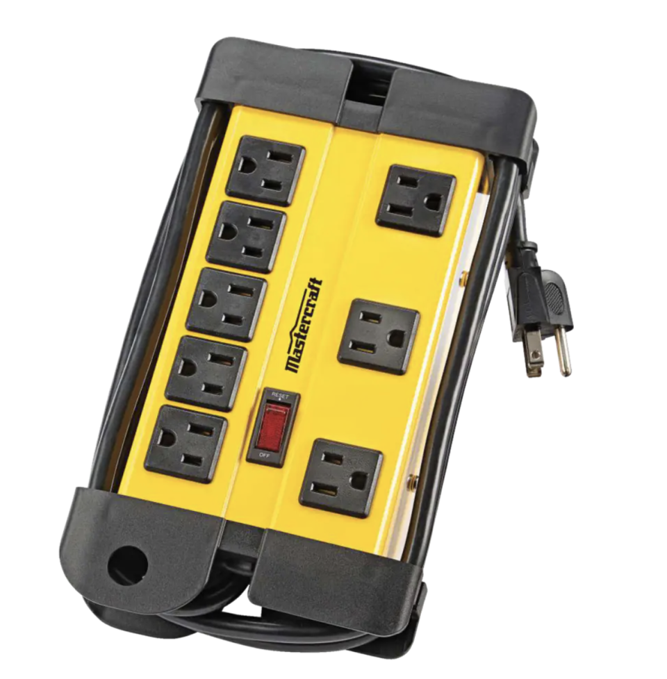 Mastercraft 8-Outlet Power Bar with 6-ft Cord, Circuit Breaker and Lighted Switch, Yellow/Black (photo via Canadian Tire)