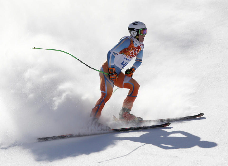 Norway's Aleksander Aamodt Kilde comes to a halt at the end of a men's downhill training run for the Sochi 2014 Winter Olympics, Saturday, Feb. 8, 2014, in Krasnaya Polyana, Russia. (AP Photo/Christophe Ena)