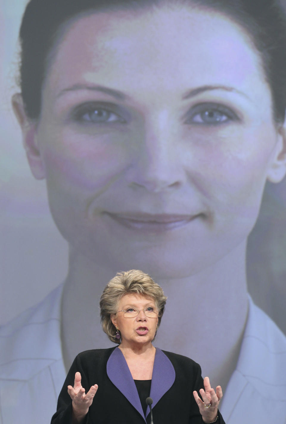 European Commissioner for Justice, Fundamental Rights and Citizenship Viviane Reding addresses the media at the European Commission headquarters in Brussels, Monday, March 5, 2012. The European Union says companies are still too slow in promoting women into decision-making posts and that it could introduce mandatory quotas for women on corporate boards later this year. (AP Photo/Yves Logghe)