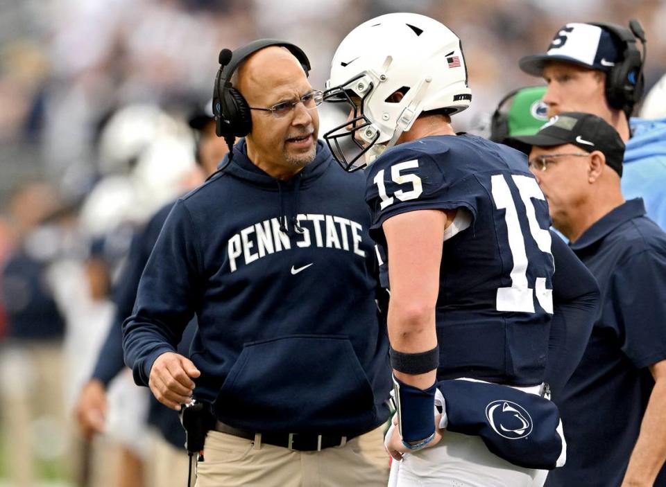 Penn State football coach James Franklin talks to quarterback Drew Allar after a touchdown during the game against Indiana on Saturday, Oct. 28, 2023. Abby Drey/adrey@centredaily.com