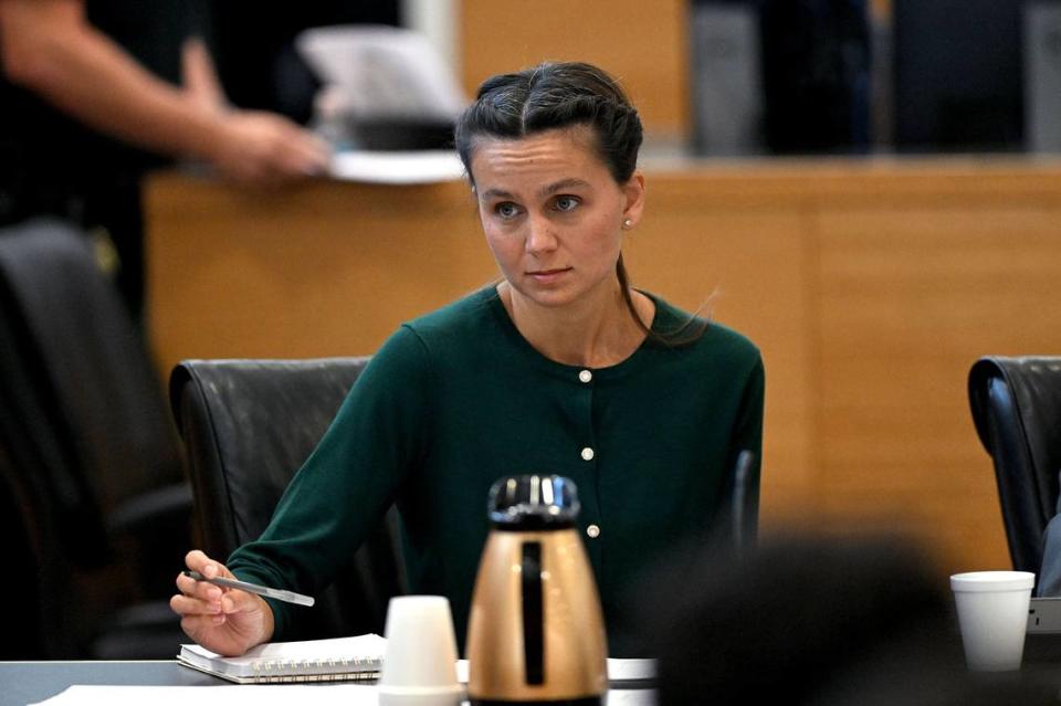 Ashley Benefield appears before potential jurors in the voir dire portion of her trial for the second-degree murder of her estranged husband in 2020 at the Manatee County Judicial Center, July 22, 2024.