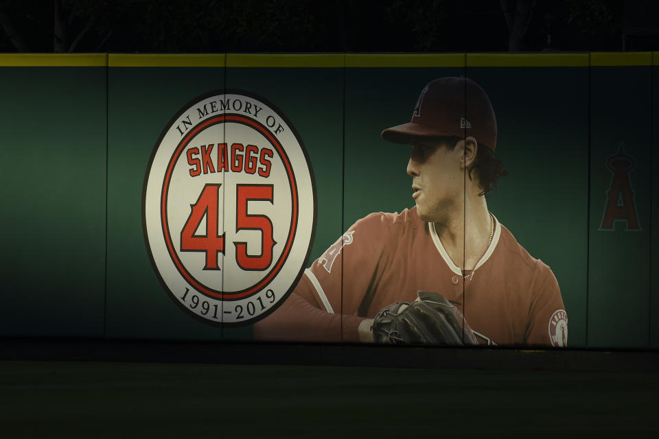 ANAHEIM, CA - AUGUST 31: The mural of Los Angeles Angels pitcher Tyler Skaggs (45) during a MLB game between the Boston Red Sox and the Los Angeles Angels of Anaheim on August 31, 2019 at Angel Stadium of Anaheim in Anaheim, CA. (Photo by Brian Rothmuller/Icon Sportswire via Getty Images)