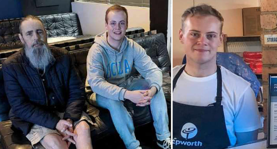 Left, Orion Meeson with his dad sitting on a black couch. Right, he smiles wearing an apron at work during the cost of living crisis. 