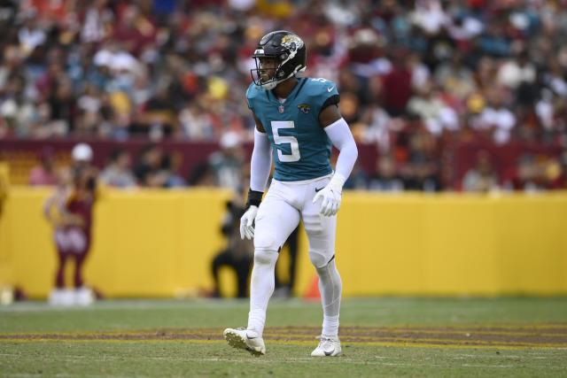 JACKSONVILLE, FL - JANUARY 14: Jacksonville Jaguars safety Andre Cisco (5)  during the game between the Los Angeles Chargers and the Jacksonville  Jaguars on January 14, 2023 at TIAA Bank Field in