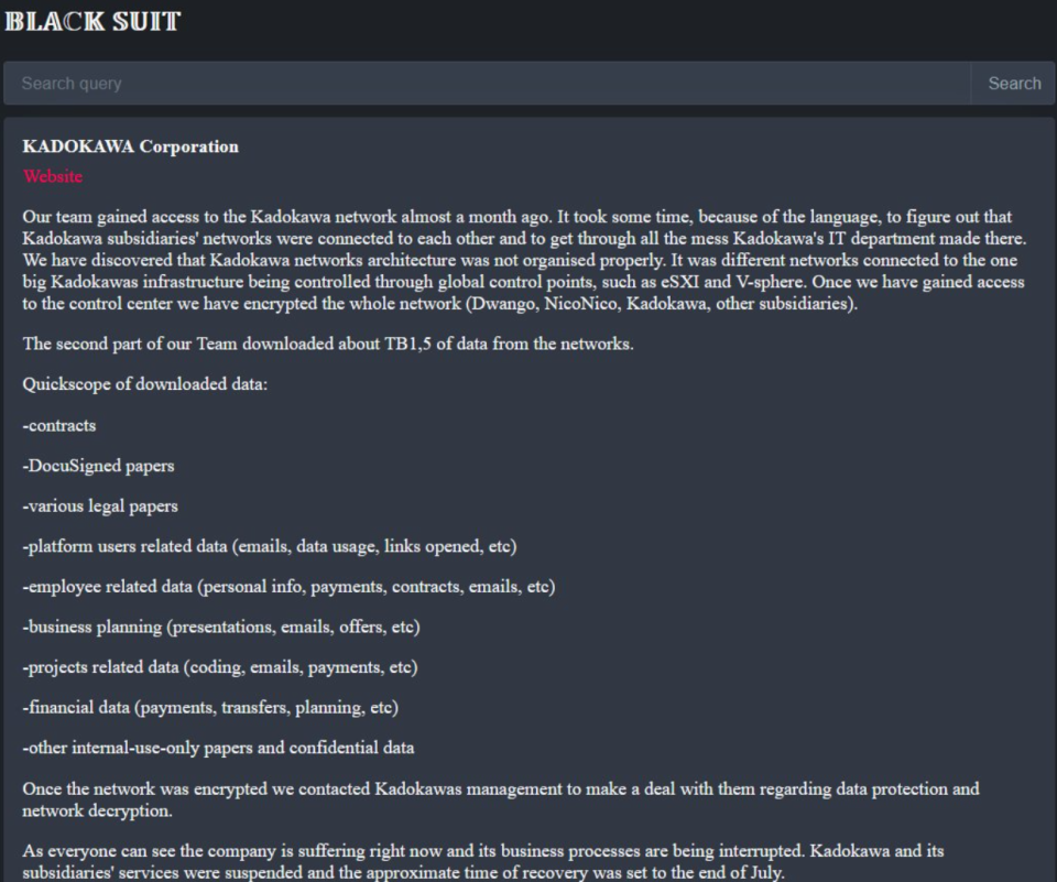 BlackSuit駭客團體表示綁架角川網站的犯罪聲明。翻攝網路