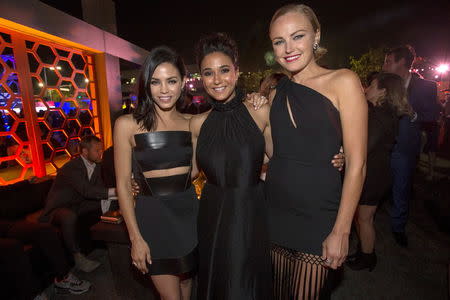 Cast member Emmanuelle Chriqui (C) poses with actresses Jenna Dewan Tatum (L) and Malin Akerman at the party following the premiere of "Entourage" in Los Angeles, California June 1, 2015. The movie opens in the U.S. on June 3. REUTERS/Mario Anzuoni