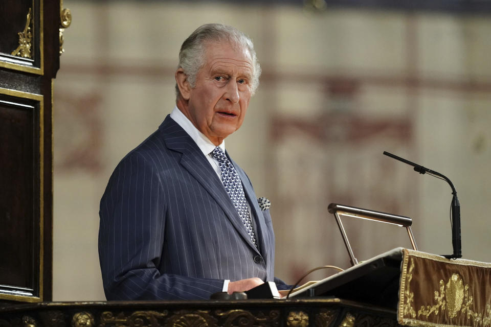 Britain's King Charles III speaks at the annual Commonwealth Day Service at Westminster Abbey in London, Monday March 13, 2023. (Jordan Pettitt/Pool via AP)