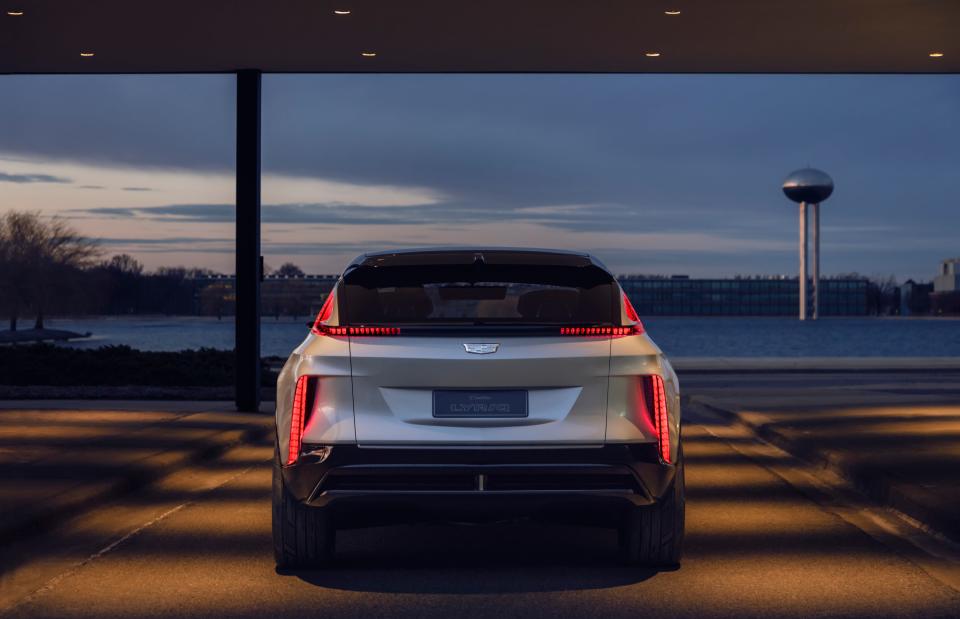 A look at the sleekly designed rear of Cadillac's new all-electric SUV.