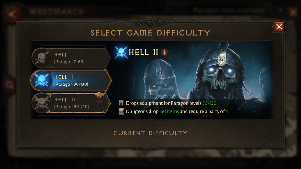 Diablo Immortal difficulty selection screen