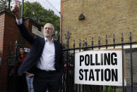FILE - In this Thursday, May 23, 2019 file photo Jeremy Corbyn leader of Britain's opposition Labour Party gestures after voting in the European Elections in London. (AP Photo/Kirsty Wigglesworth, File)
