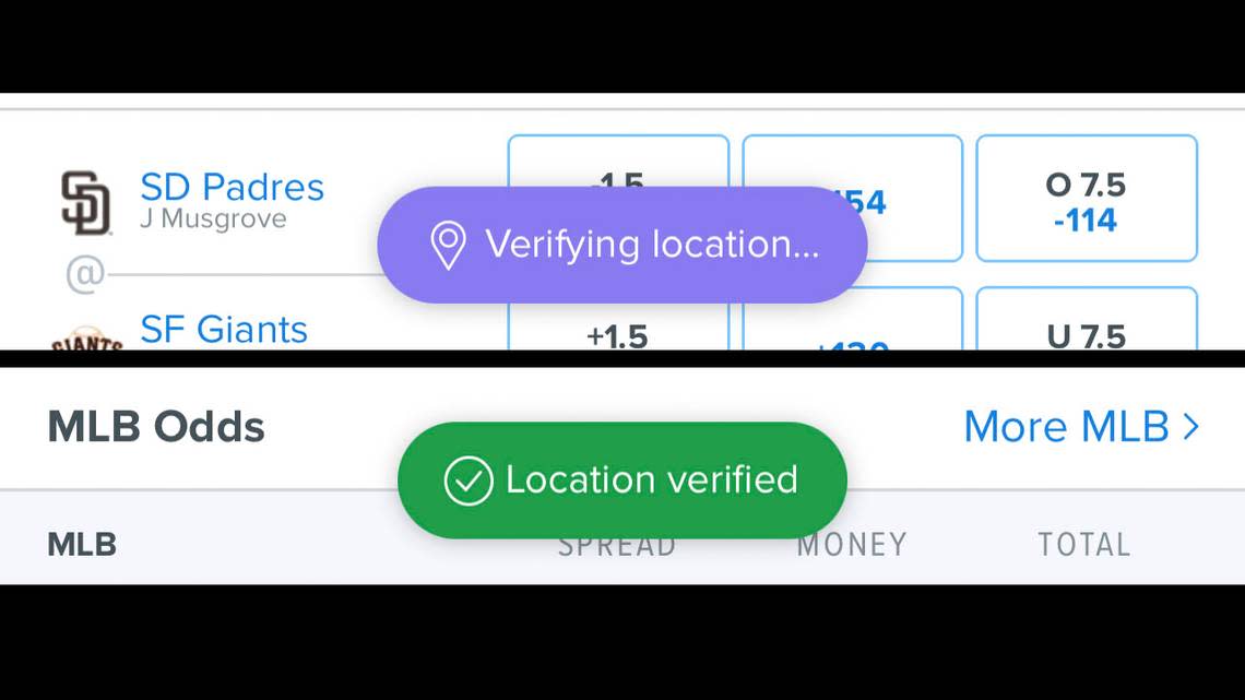 Screen grabs of the FanDuel sports betting app showing how the app checks to make sure you are in a state where betting is legal.