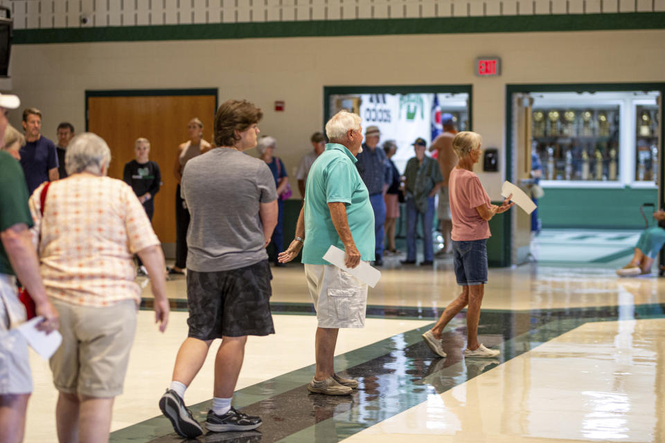 People stand in line to vote (Sholten Singer / The Herald-Dispatch via AP file)