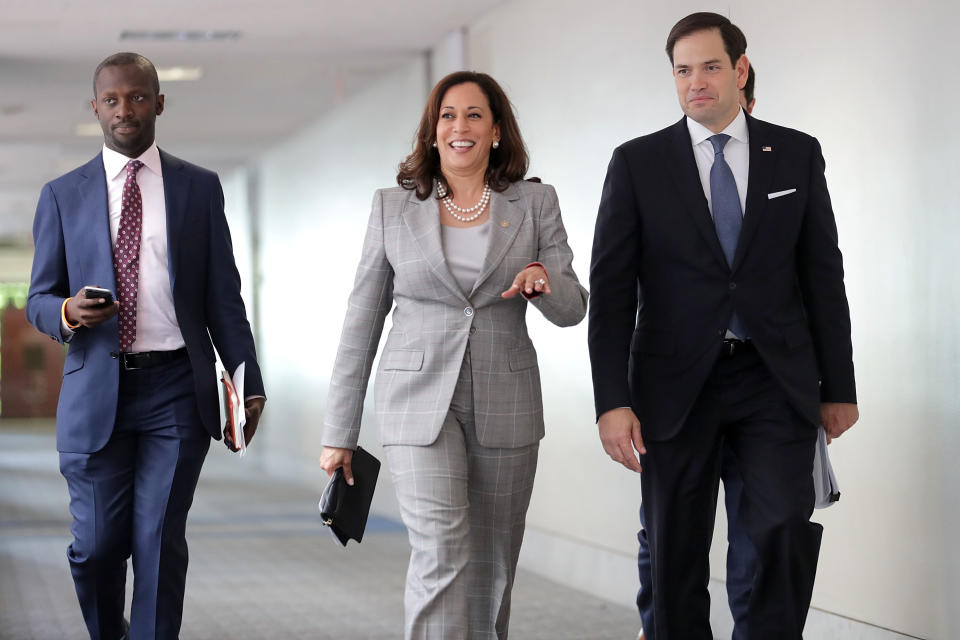 WASHINGTON, DC - JULY 13:  Senate Intelligence Committee members Sen. Kamala Harris (D-CA) (C) and Sen. Marco Rubio (R-FL) (R) arrive for a closed-door committee meeting in the Hart Senate Office Building on Capitol Hill July 13, 2017 in Washington, DC. Some members of the committee have demanded that Donald Trump, Jr. testify before the intelligence committee after it was revealed that he and Jared Kushner and Paul Manafort met with a Russian lawyer in hopes of getting opposition information on Hillary Clinton during the 2016 election.  (Photo by Chip Somodevilla/Getty Images)