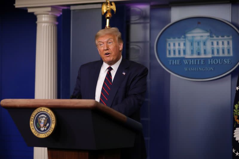 U.S. President Donald Trump speaks during a coronavirus disease (COVID-19) task force news briefing at the White House in Washington