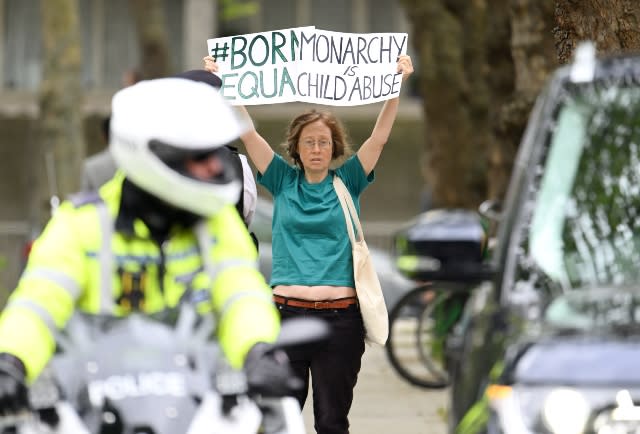 A protester during the visit of Catherine, Princess of Wales at the The Foundling Museum on May 25, 2023 in London, England.