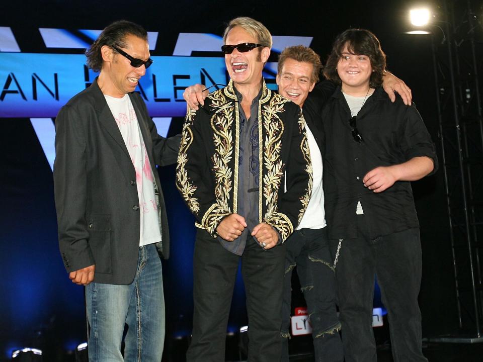 Alex Van Halen, David Lee Roth, Eddie Van Halen and Wolfgang Van Halen pose at the Van Halen press conference announcing their new tour at the Four Seasons Hotel on August 13, 2007 in Los Angeles, California